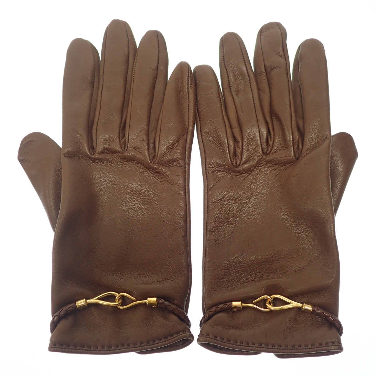 Good condition◆Hermes gloves leather gloves gold hardware brown with box HERMES [AFI18] 