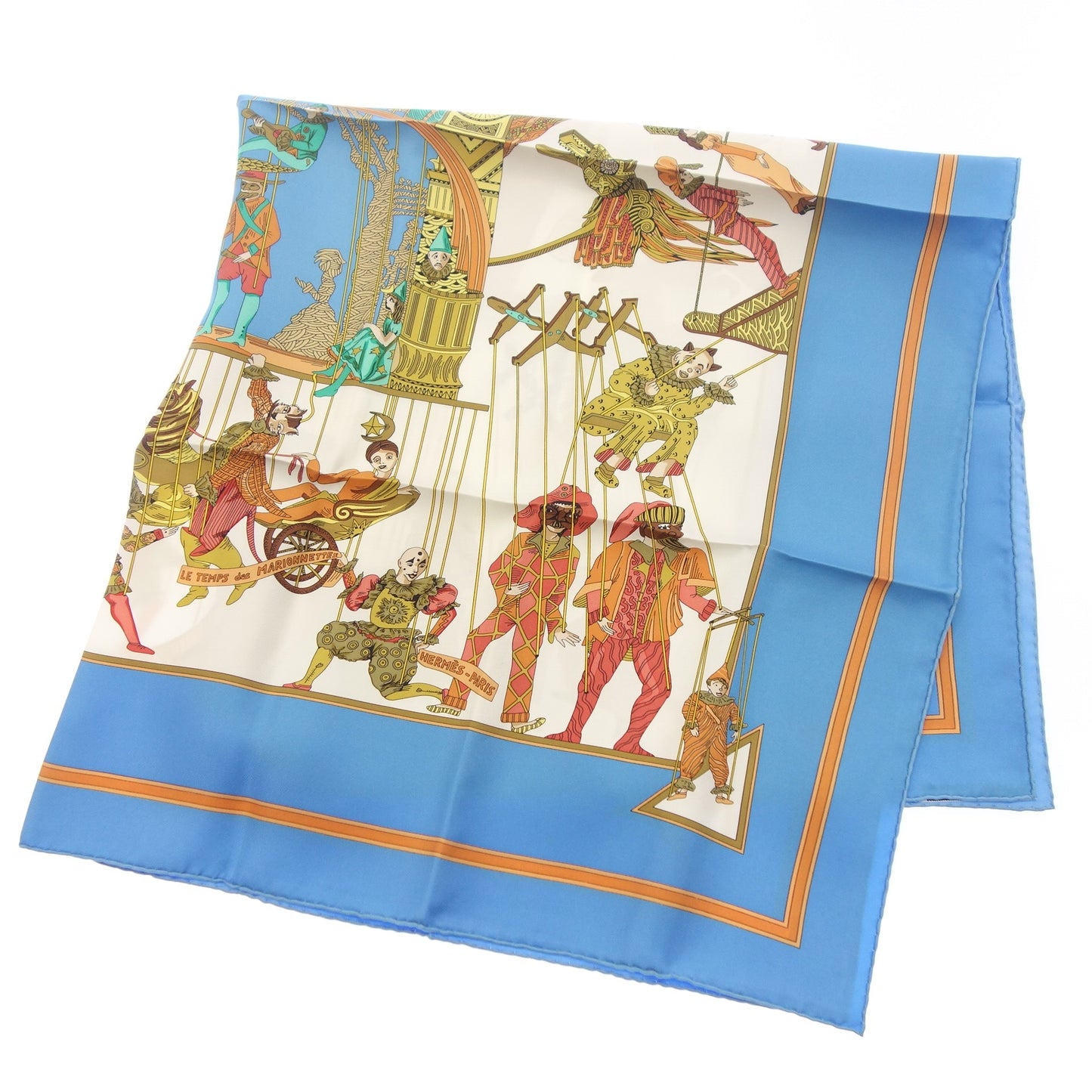 Good condition◆Hermes Scarf Carre90 Silk LE TEMPS de MARIONNETTES Marionette Time Light Blue HERMES [AFI22] 