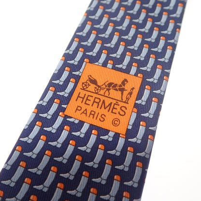 新品同様◆エルメス ネクタイ 総柄 シルク100％ ネイビー系 箱付き HERMES【AFI18】