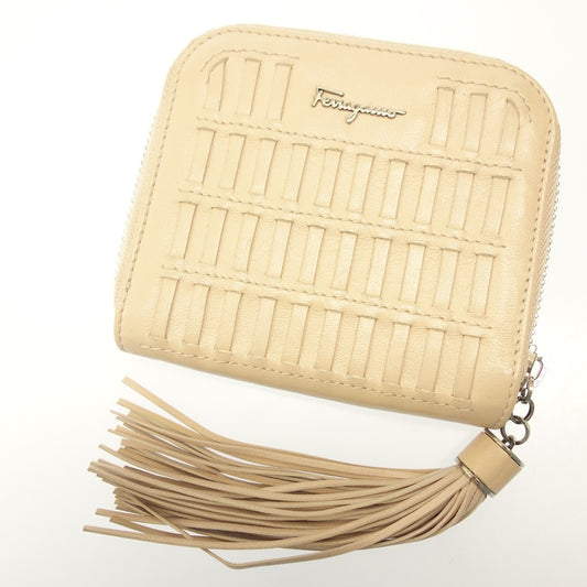 Used ◆Salvatore Ferragamo wallet tassel round zipper pink beige leather Salvatore Ferragamo [AFI8] 