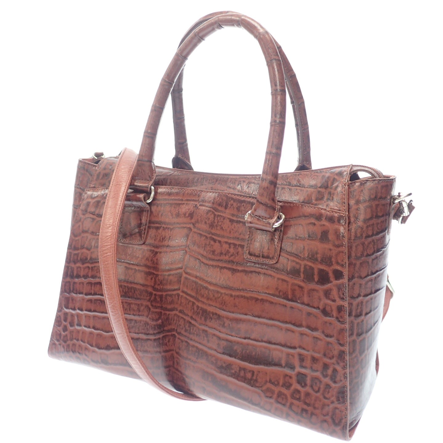 Like new ◆ No-brand Caiman Crocodile Handbag Brown [AFE8] 