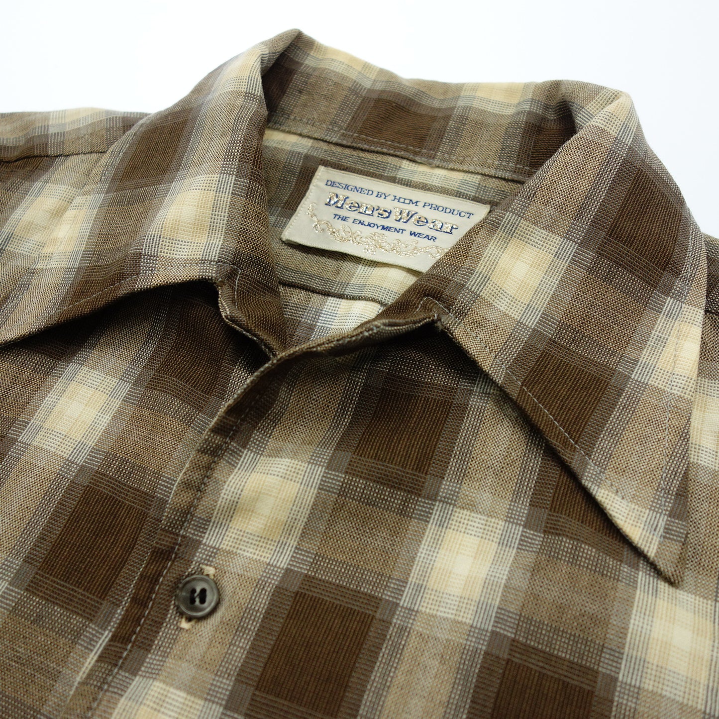 Good Condition◆HIM Product Long Sleeve Open Collar Shirt Ombre Check Vintage 60's Men's Beige x Brown HIM PRODUCT [AFB6] 