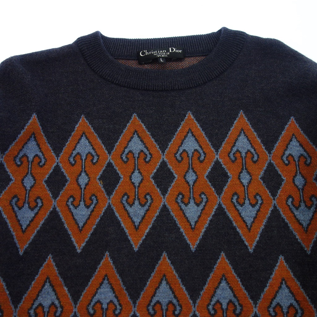 Good Condition◆Christian Dior Knit Sweater All Over Pattern Men's Vintage Navy L Christian Dior [AFB24] 