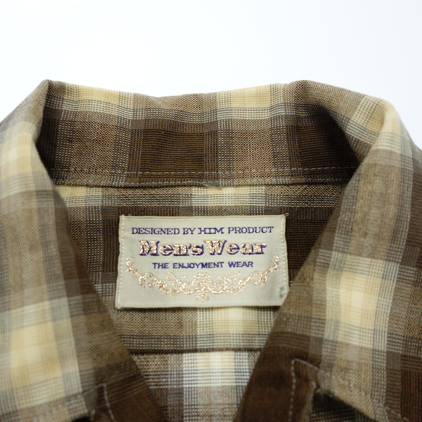 Good Condition◆HIM Product Long Sleeve Open Collar Shirt Ombre Check Vintage 60's Men's Beige x Brown HIM PRODUCT [AFB6] 