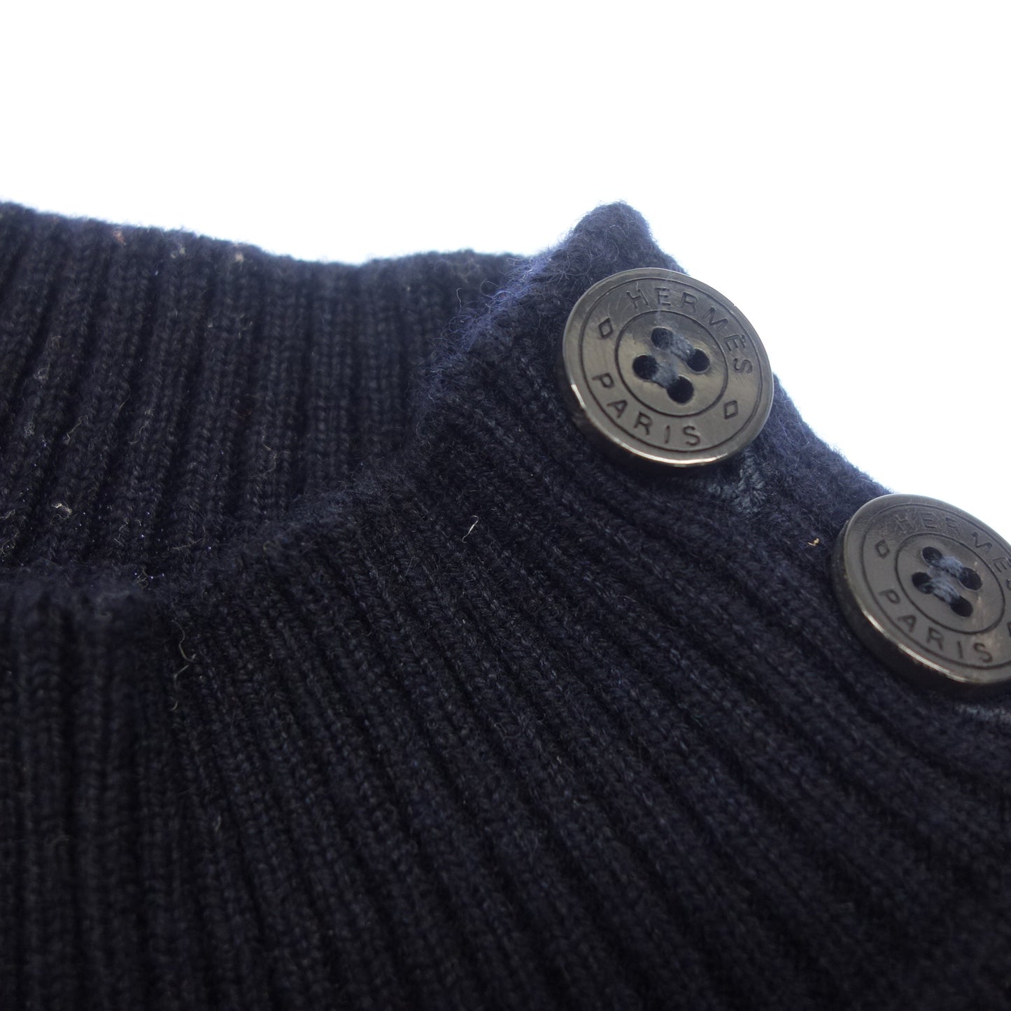 Good Condition◆Hermes Knit Sweater High Neck Serie Button Cashmere Ladies Navy Size 34 HERMES [AFB35] 