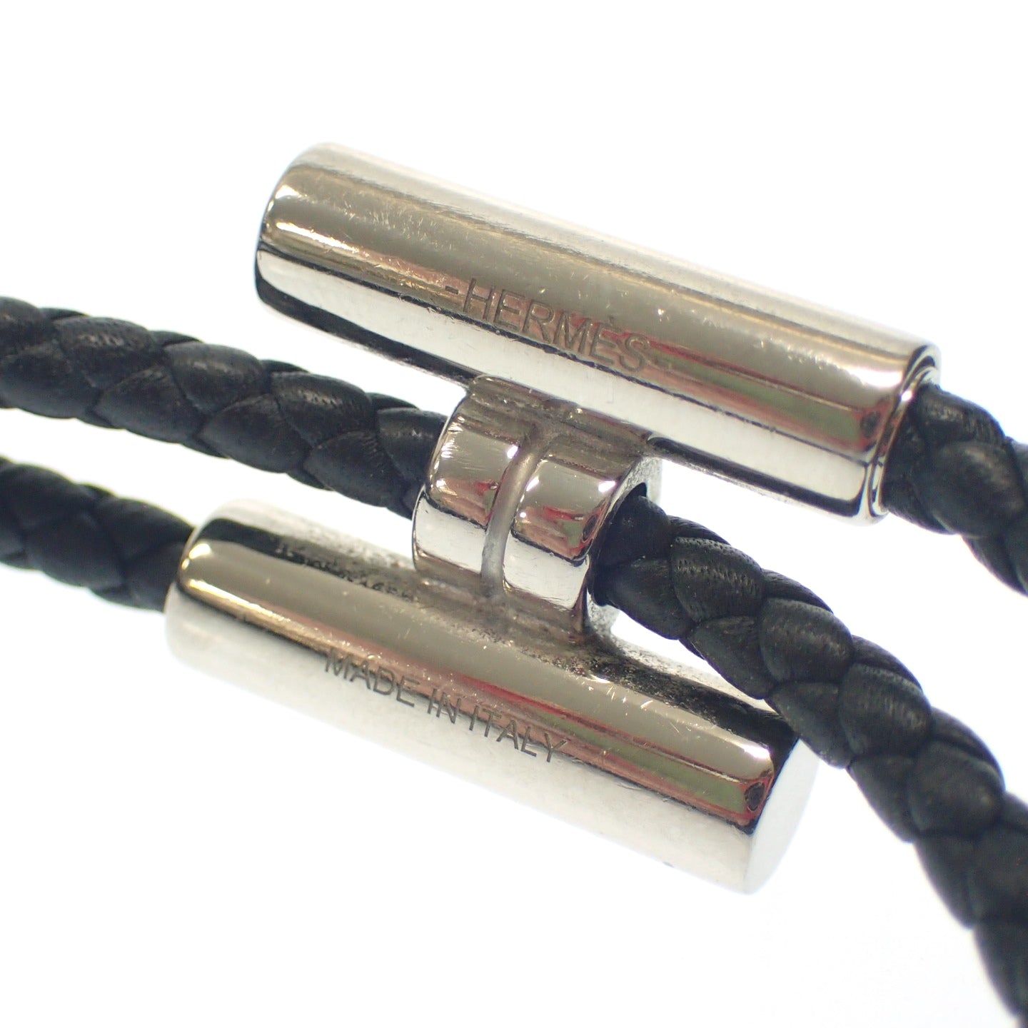 Good condition◆Hermes leather bracelet H metal fittings black x silver HERMES [AFI8] 