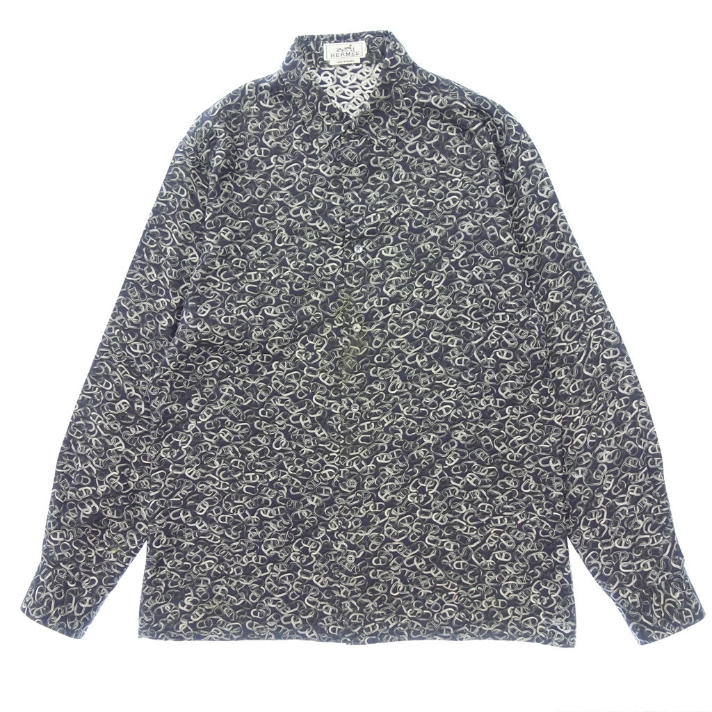 Used ◆Hermes long sleeve shirt 100% silk Chaine d'Ancre pattern sleeve serie button size 42 men's navy HERMES [AFB17] 