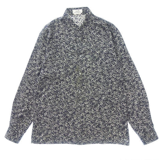Used ◆Hermes long sleeve shirt 100% silk Chaine d'Ancre pattern sleeve serie button size 42 men's navy HERMES [AFB17] 