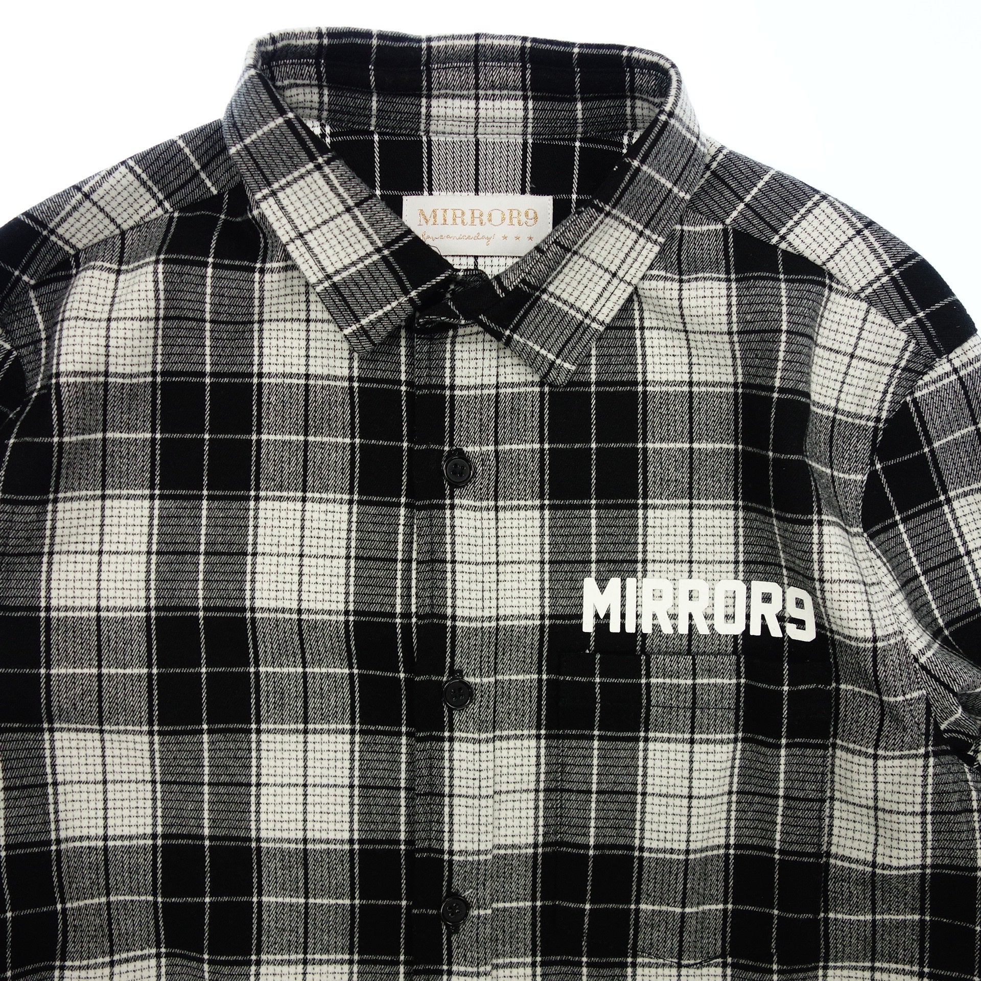 中古◆ミラーナイン チェックシャツ ネルシャツ バックプリント メンズ S 白×黒 MIRROR9【AFB30】