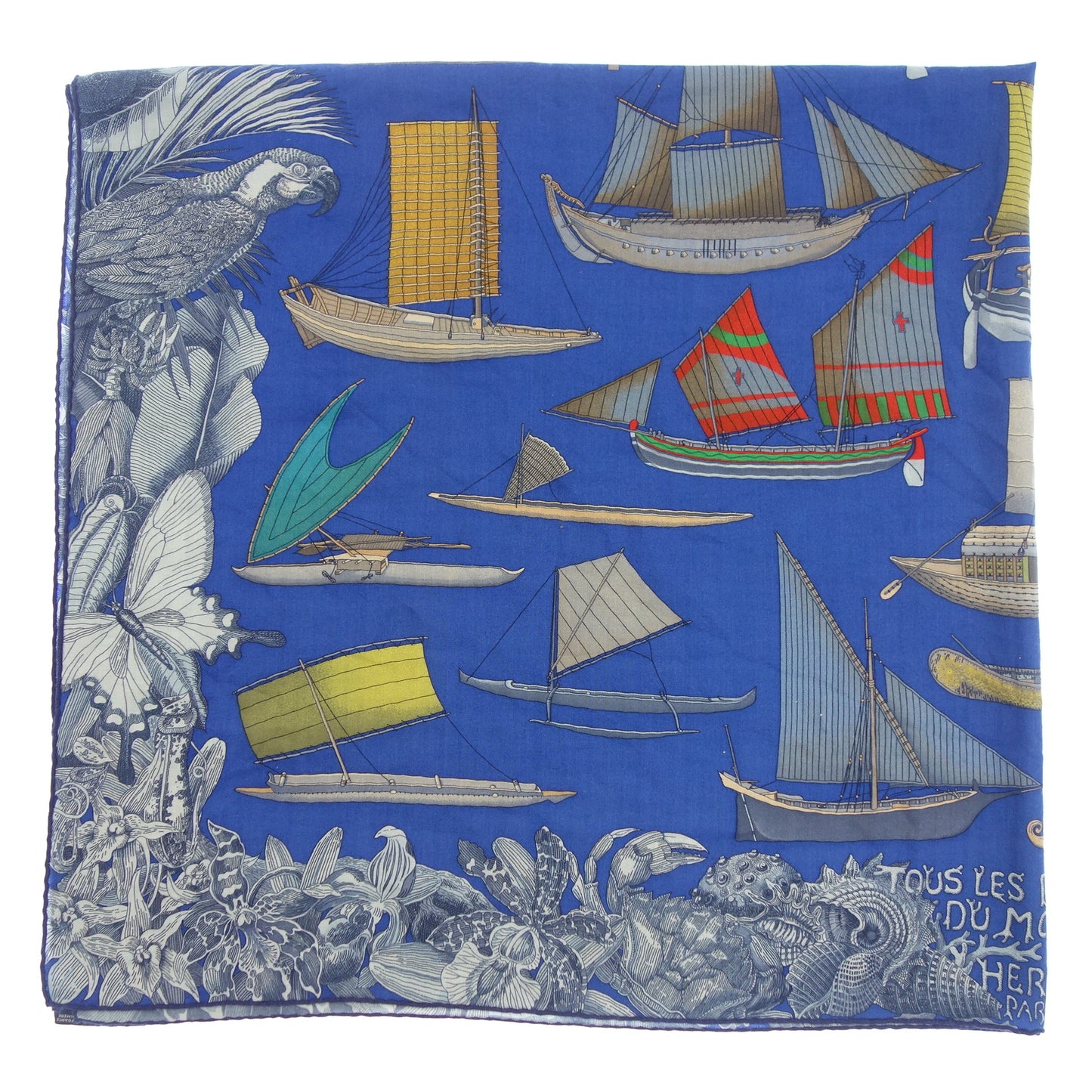 エルメス カレジェアン カシミヤ 世界の帆船 Tous Les Bateaux du Monde 青系 HERMES【AFI20】【中古】