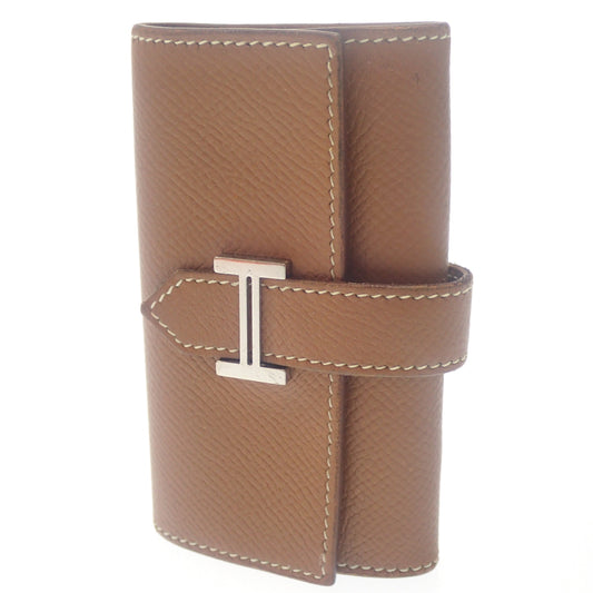 Used ◆Hermes key case Bearn silver hardware leather □L carved brown with box HERMES [AFI13] 