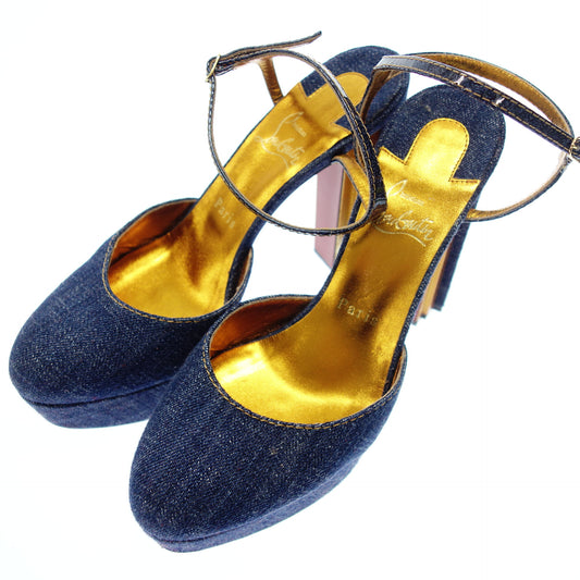 Christian Louboutin Square Heel Ankle Strap Denim Fabric Women's 39 Blue Christian Louboutin [AFC49] [Used] 