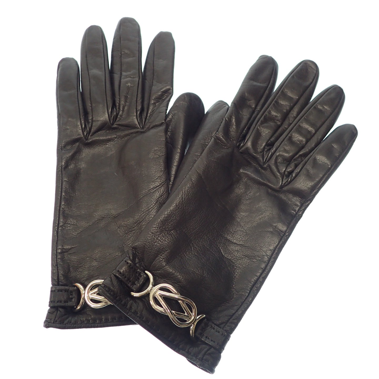 Good condition◆Hermes gloves leather gloves silver metal fittings black with box HERMES [AFI18] 