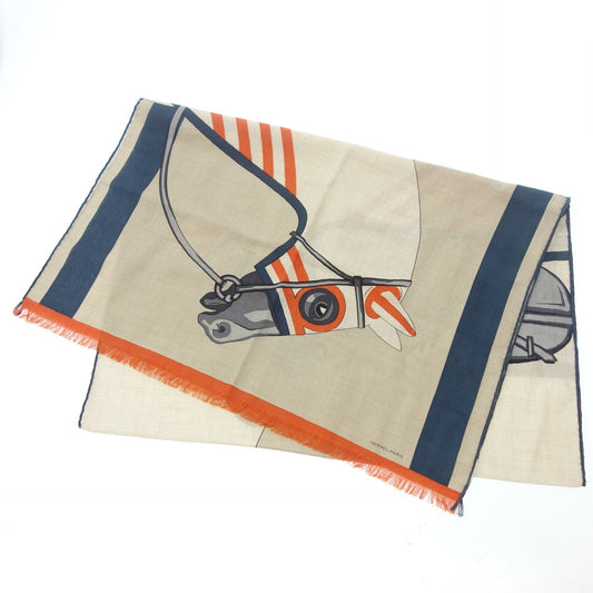 極美品◆エルメス スカーフ レクタングル 馬車 Cheval a la Couverture ベージュ系 カシミヤ×シルク HERMES【AFI8】