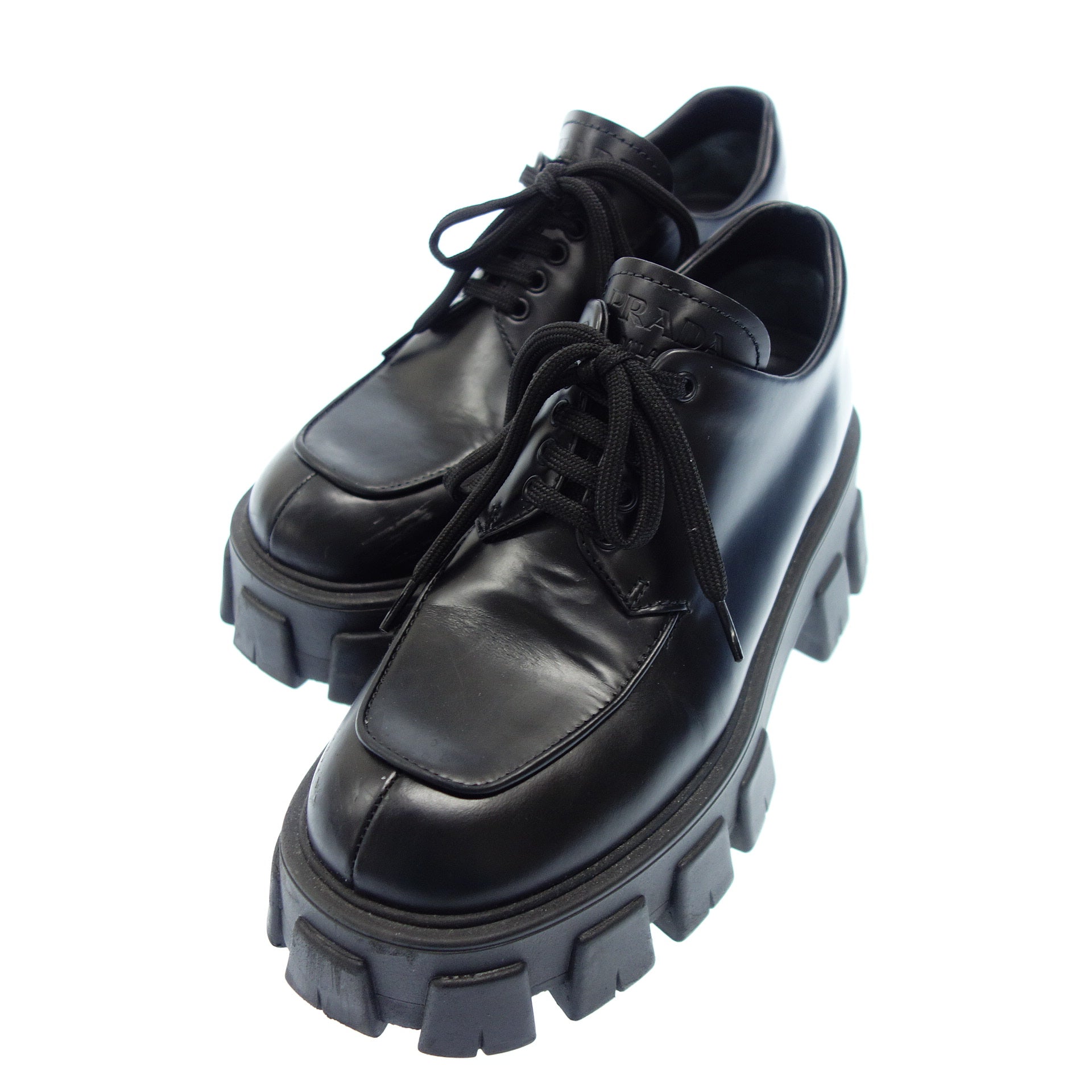 PRADA セール★ 1E708L Prada Leather Shoes Monolith Logo Plate 1E708L Women's Black