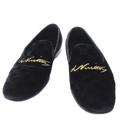 Used ◆Louis Vuitton Leather Loafer Auteuil Line Damier Velor Logo Embroidery BM0178 Men's 8M Black LOUIS VUITTON [AFC29] 