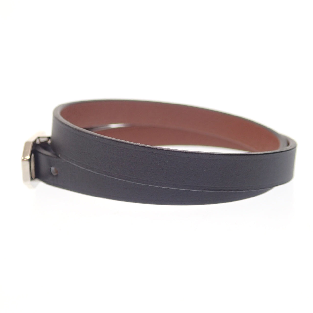 Good Condition◆Hermes Leather Bracelet Paddock Double Tour A Engraved Silver Hardware Black HERMES [LA] 