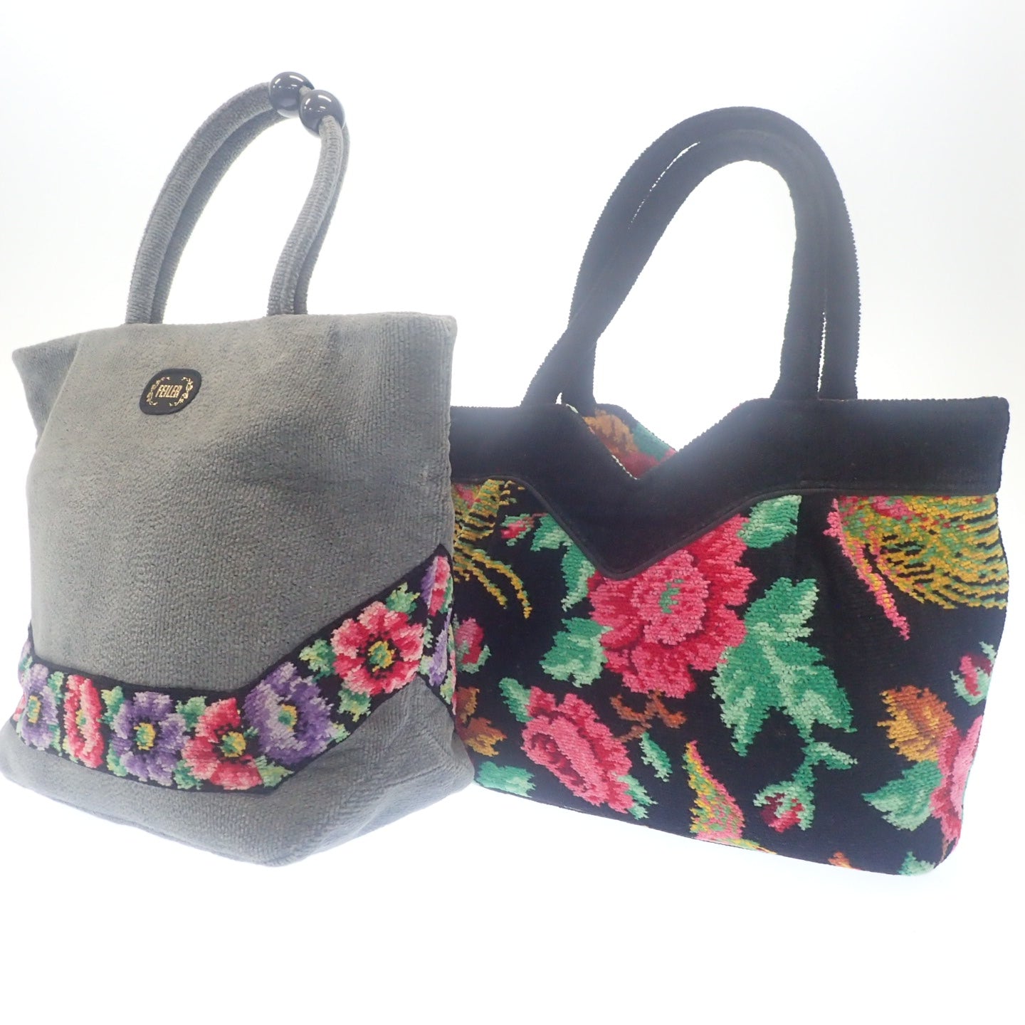 FEILER Handbag Floral Pattern Pile Fabric Gray Black FEILER 2 Piece Set 