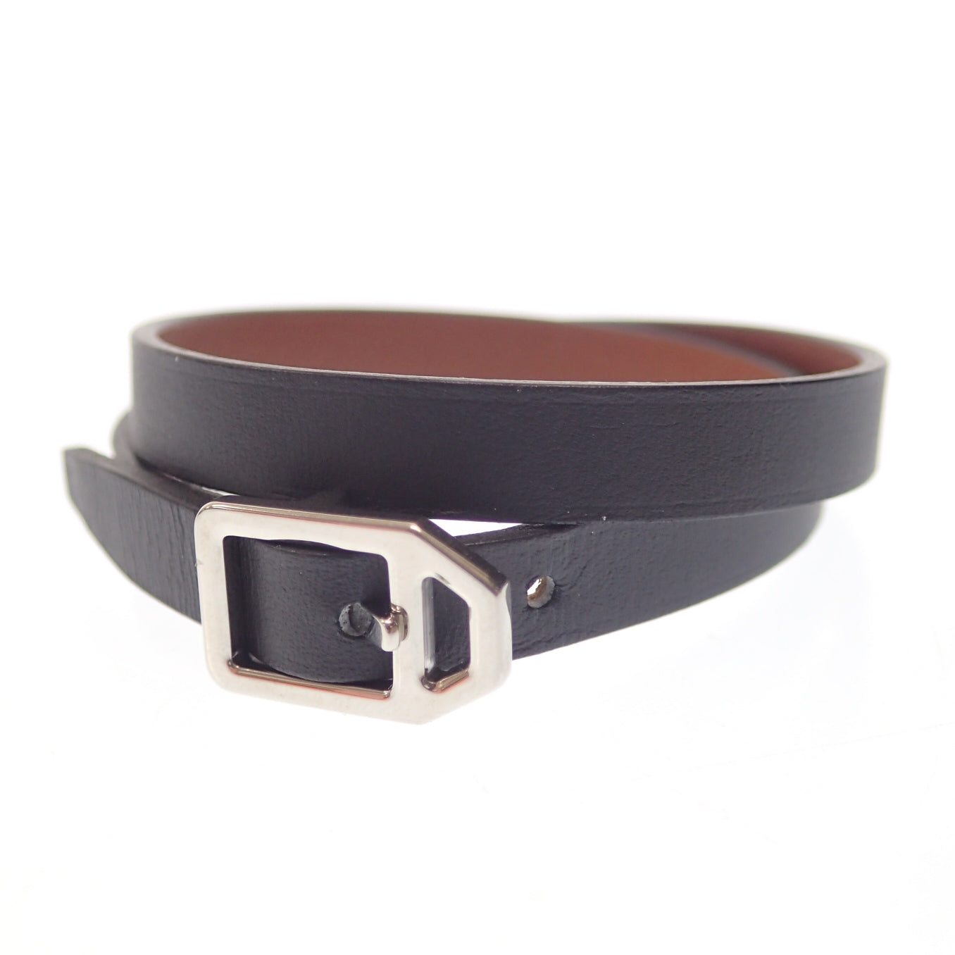 Good Condition◆Hermes Leather Bracelet Paddock Double Tour A Engraved Silver Hardware Black HERMES [LA] 