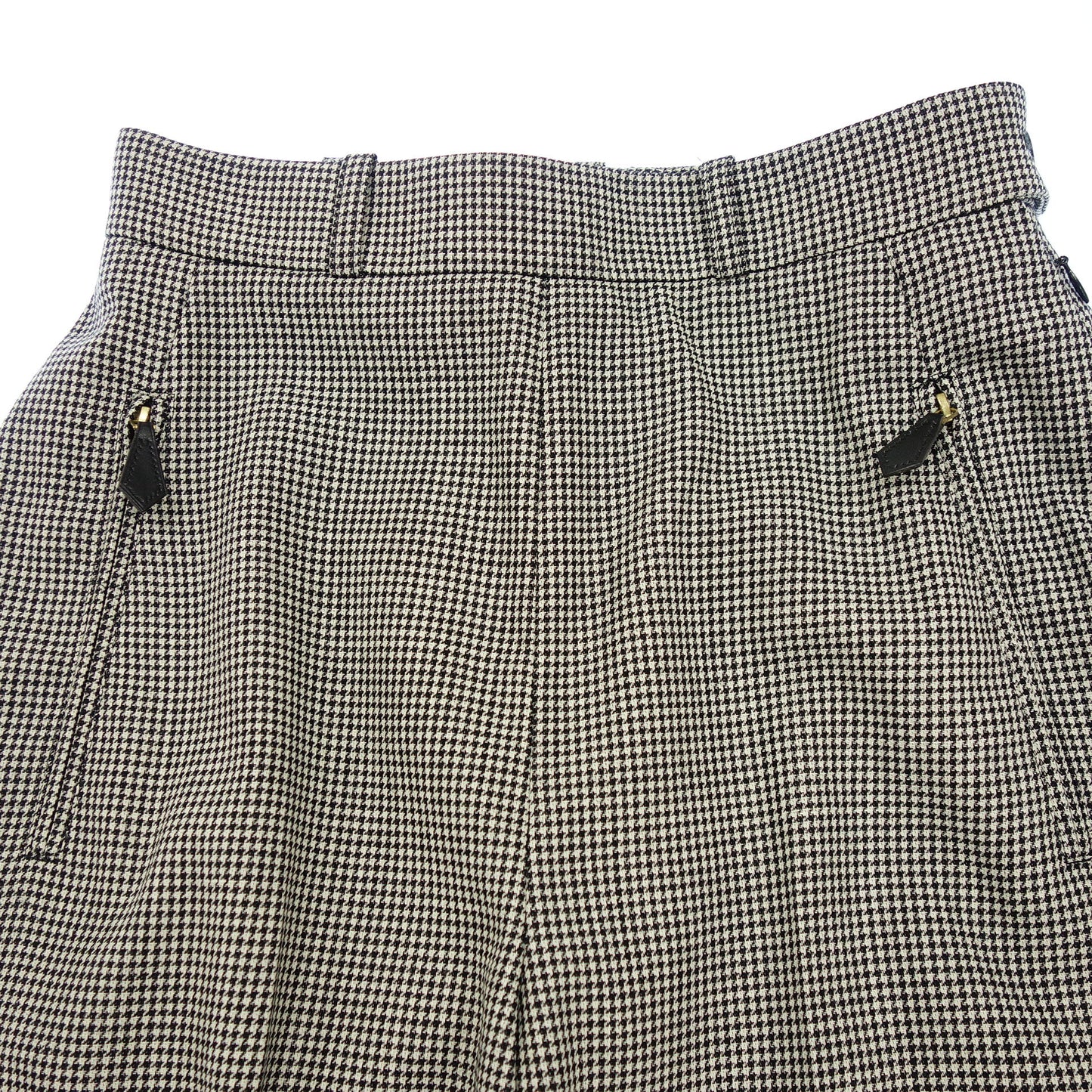 Good condition◆Hermes wool slacks pants houndstooth pattern leather pull ladies black x white size 38 HERMES [AFB1] 