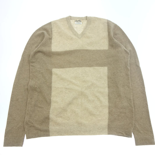 Good condition◆Hermes knit sweater V-neck cashmere size L men's brown HERMES [AFB35]