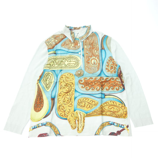 Hermes Silk Shirt Scarf Pattern Knit Switching Ladies Light Blue M HERMES [AFB46] [Used] 