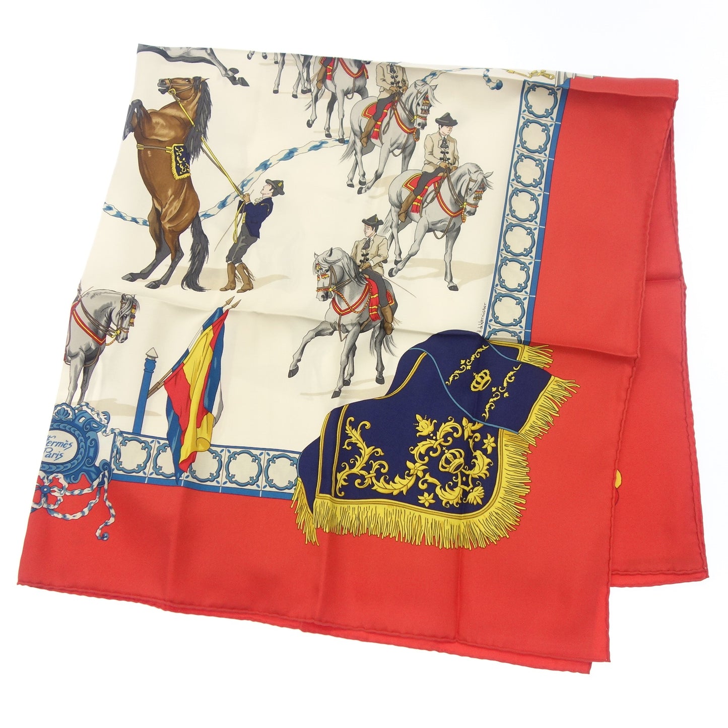 Good Condition◆Hermes Carre 90 Scarf Silk Real Escuela Andaluza del Arte Royal Andalusian Equestrian School Red HERMES [AFI22] 