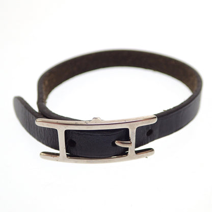 Used ◆Hermes leather bracelet silver metal fittings black HERMES [AFI15] 