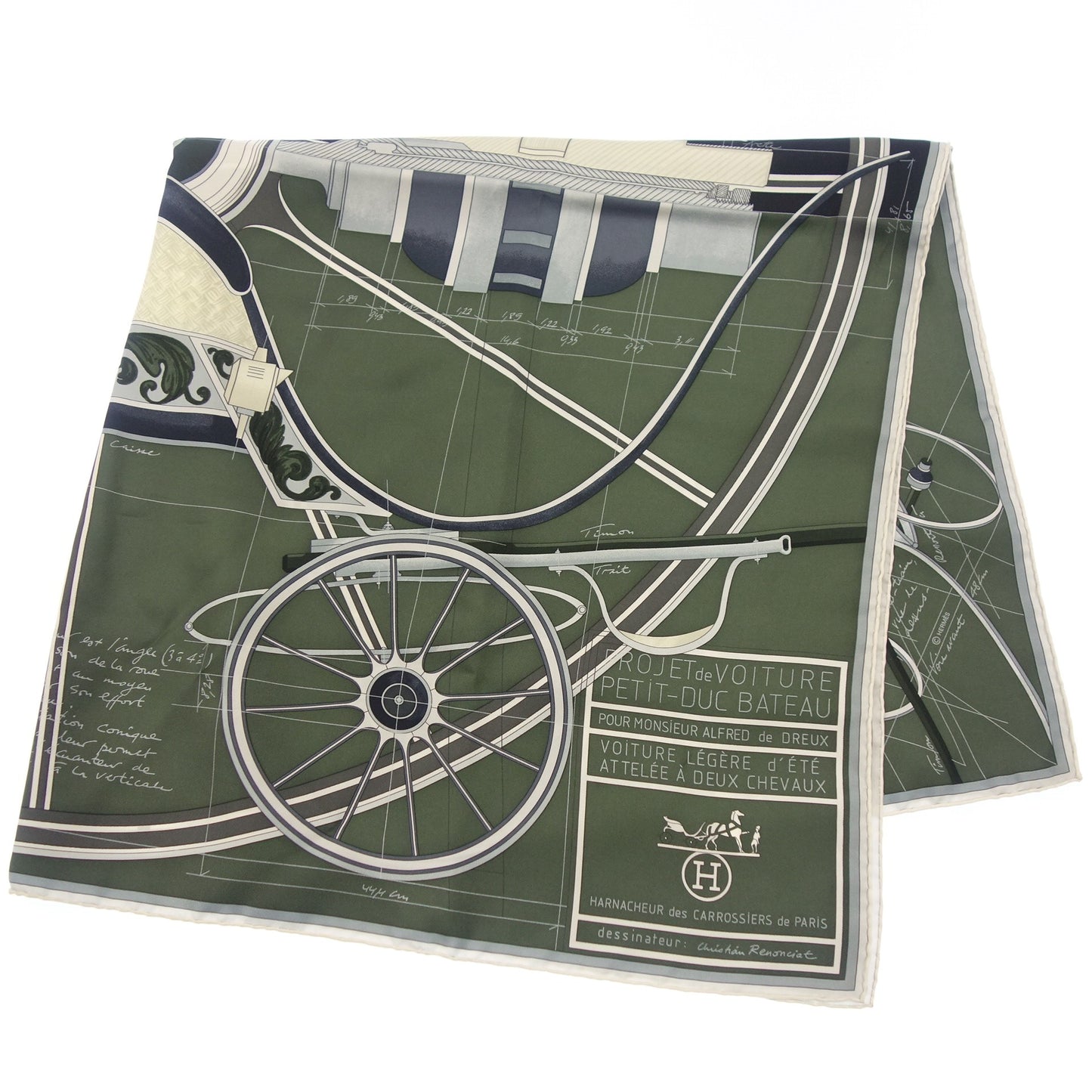 Hermes Carre 90 Scarf Project de Voiture Blueprint Silk Green HERMES [AFI20] [Used] 