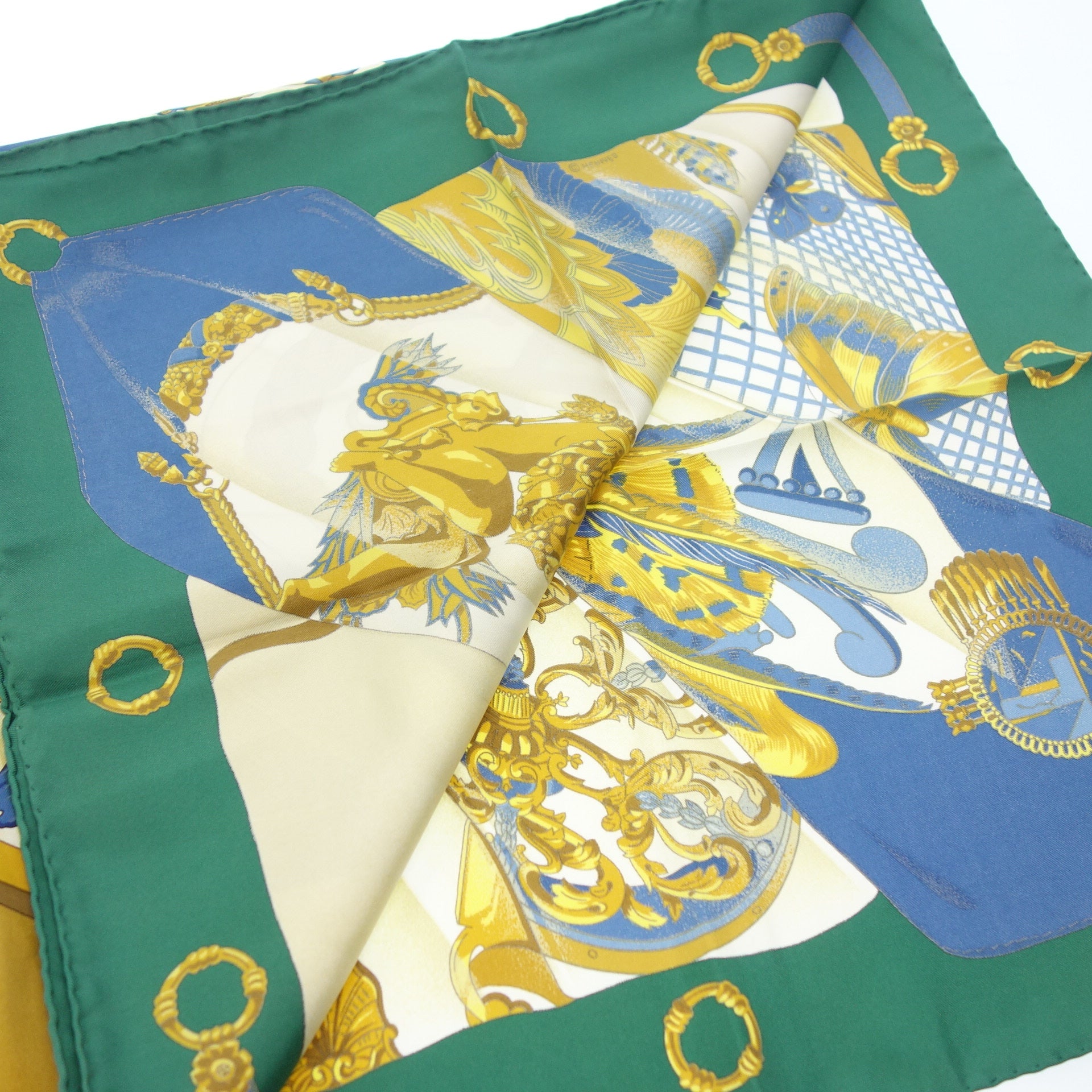 ファッション小物エルメス 美品 カレ90 花の手紙 スカーフ シルク 緑 小物 ■SM1