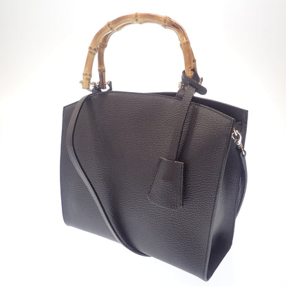 Very good condition◆No brand bamboo handle leather bag black [AFE5] 