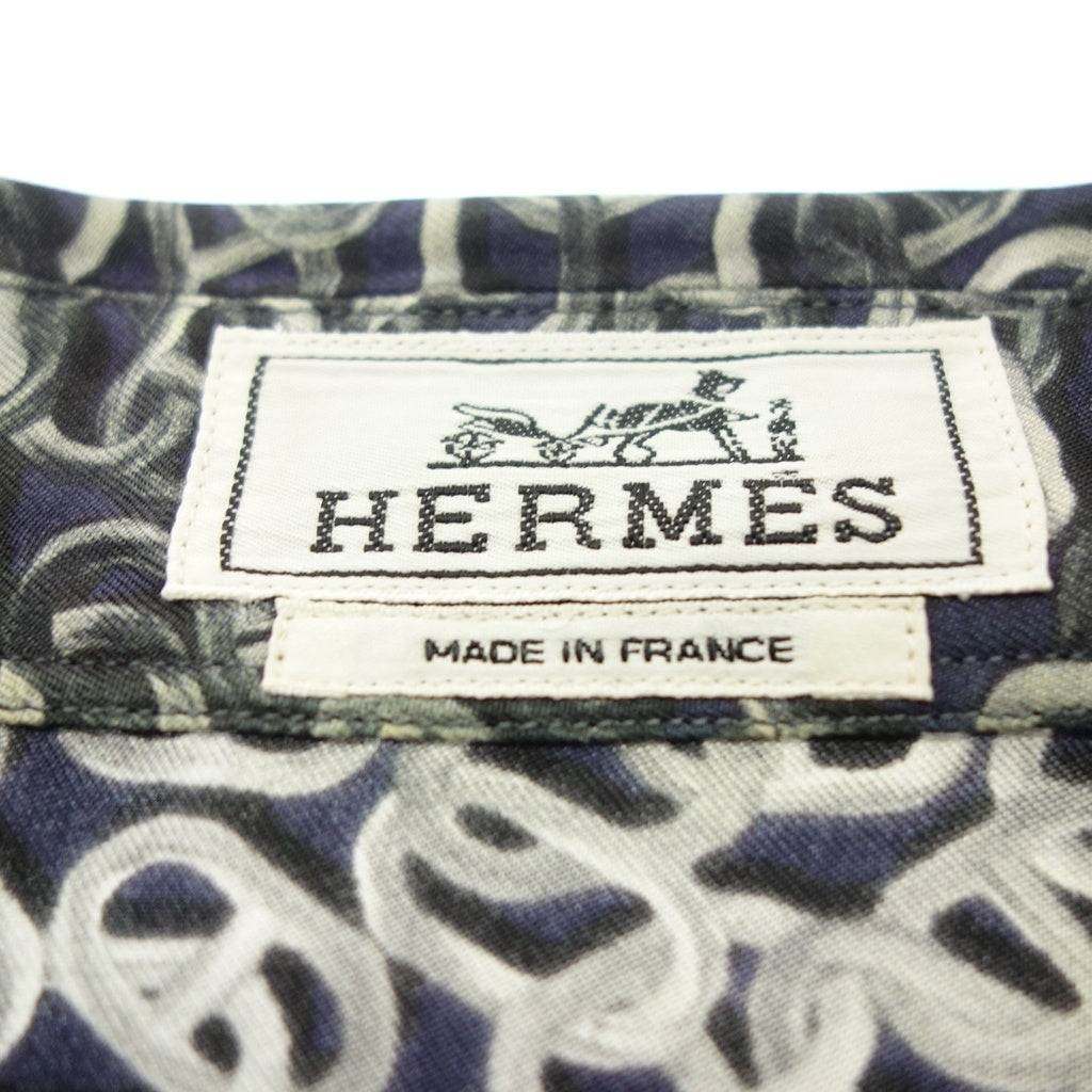 中古◆エルメス 長袖シャツ シルク100% シェーヌダンクル柄 袖セリエボタン サイズ42 メンズ ネイビー系 HERMES【AFB17】