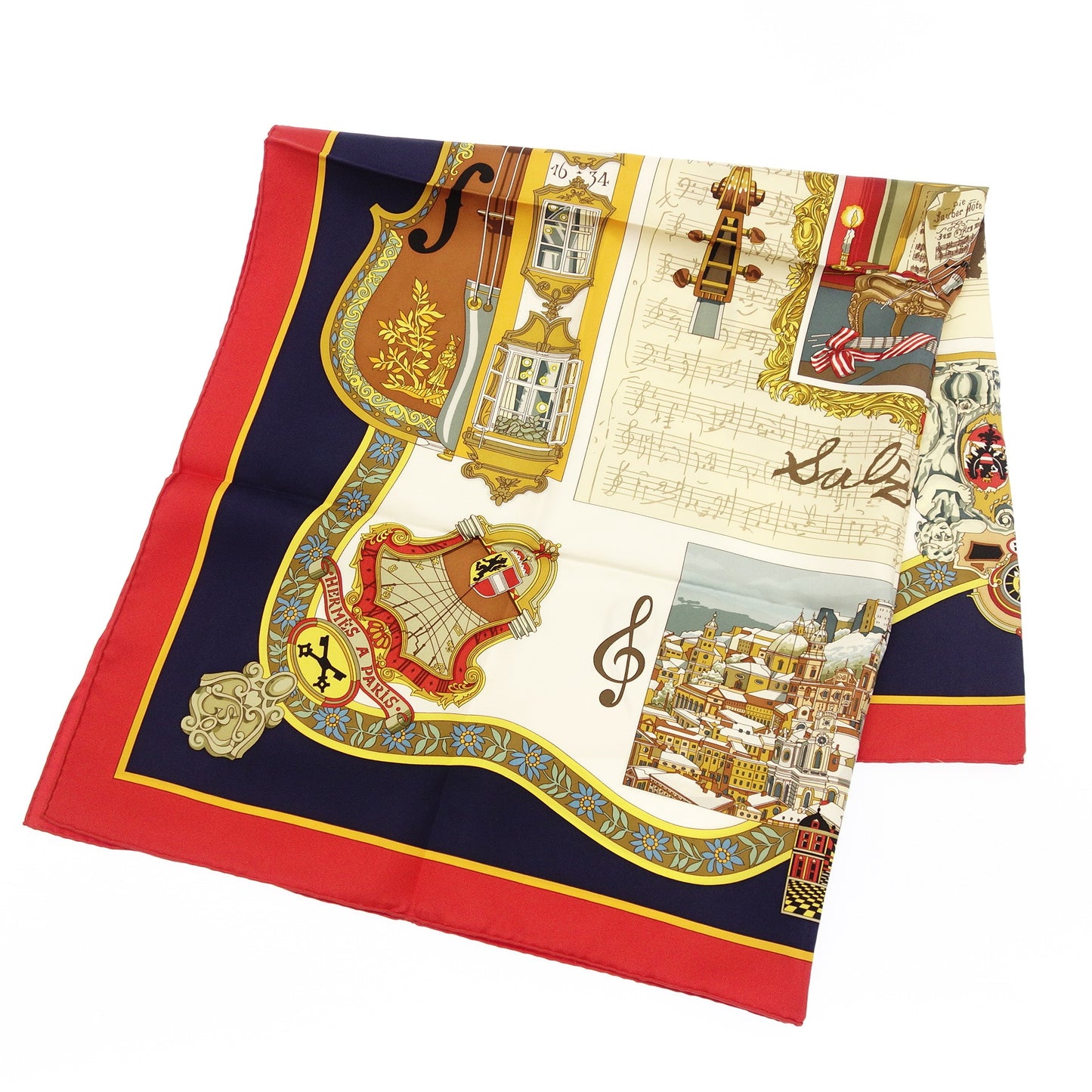 Hermes Scarf Carre 90 Silk IN SALZBURG In Salzburg Red x Navy HERMES [AFI20] [Used] 