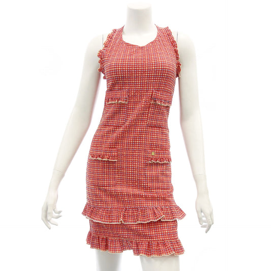 CHANEL Ruffle Dress Sleeveless Plaid Ripple Fabric 01S Women's 38 Red CHANEL [AFB14] [Used] 