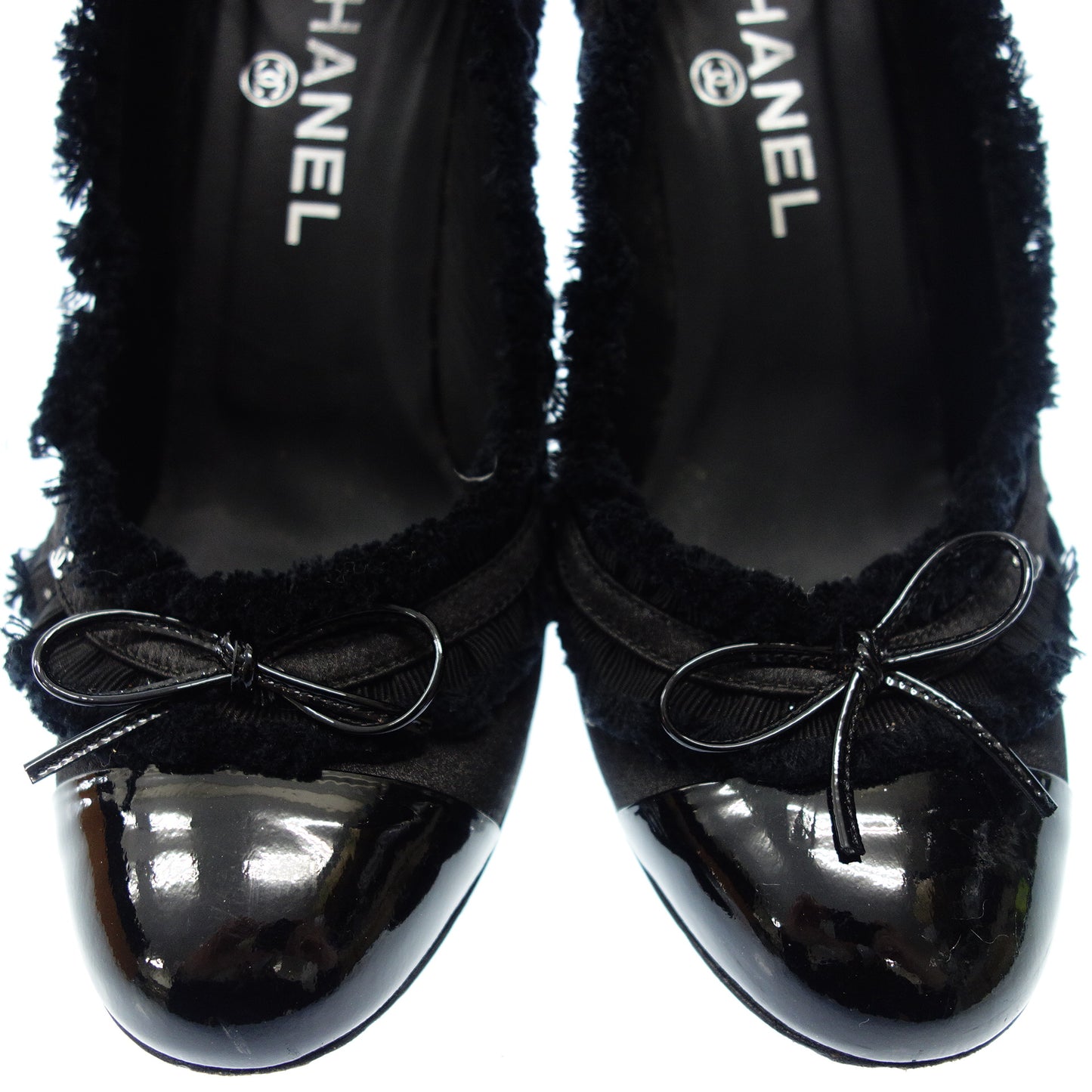 CHANEL heel pumps ruffle satin here mark ladies 38 black CHANEL [AFD4] [Used] 
