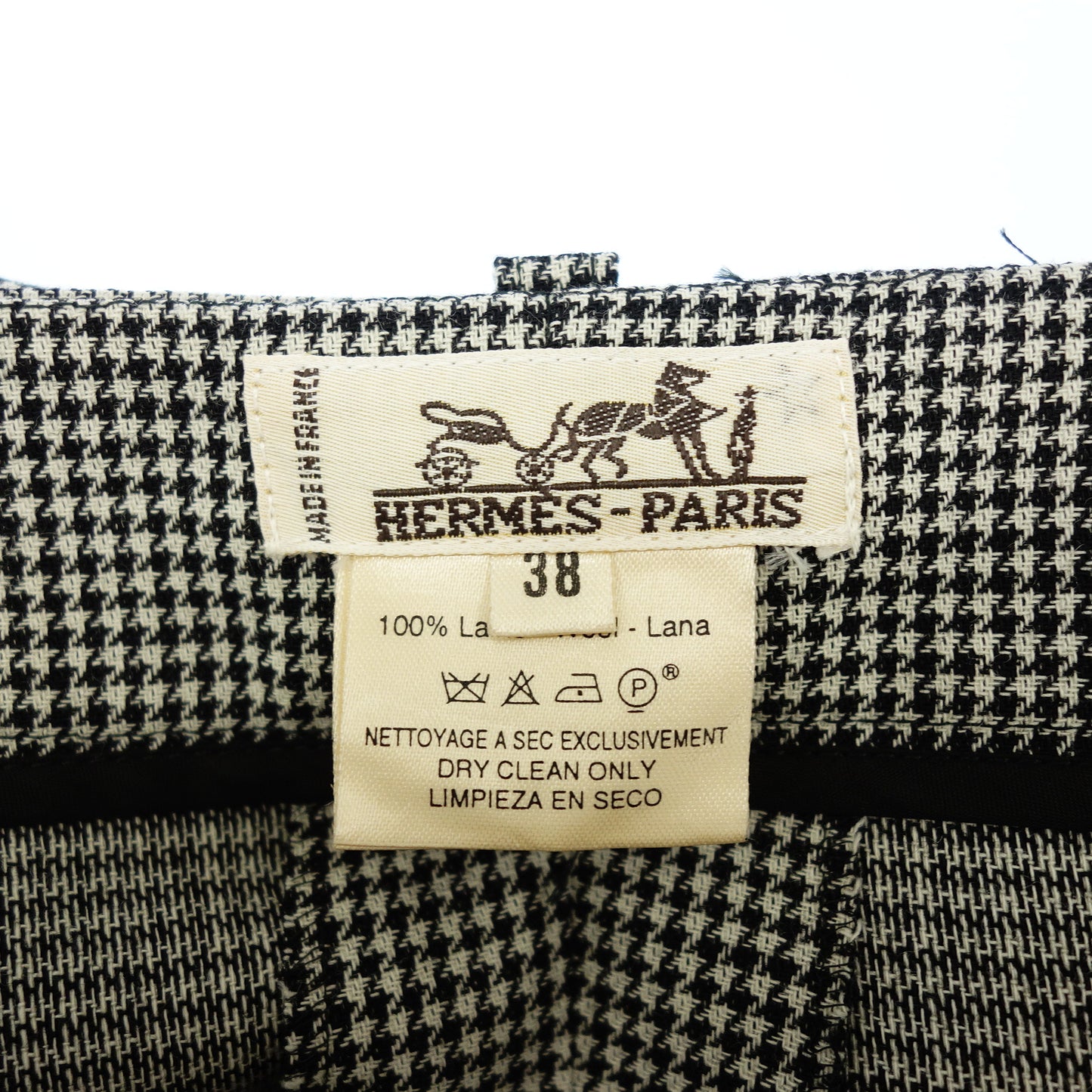 Good condition◆Hermes wool slacks pants houndstooth pattern leather pull ladies black x white size 38 HERMES [AFB1] 