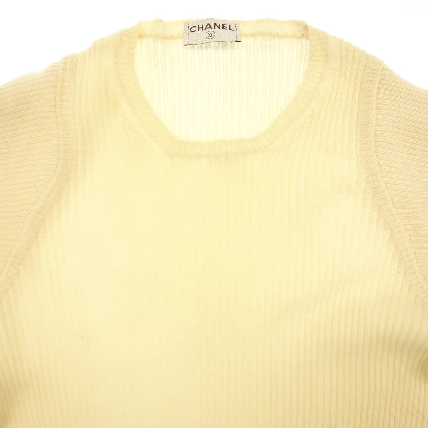 Good Condition◆CHANEL Knit Sweater Here Mark Button Rhinestone Cashmere x Silk Ladies White CHANEL [AFB51] 