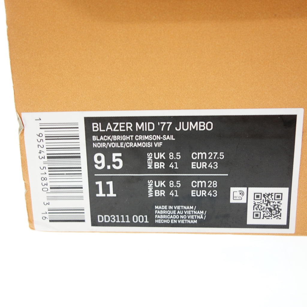 状况非常好 ◆ 耐克运动鞋 Blazer Mid 77 Jumbo 黑色亮红帆男式 27.5 厘米 DD3111 001 NIKE [AFD3] 