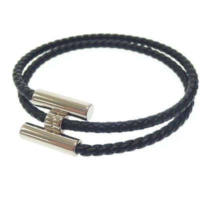 Good condition◆Hermes leather bracelet H metal fittings black x silver HERMES [AFI8] 