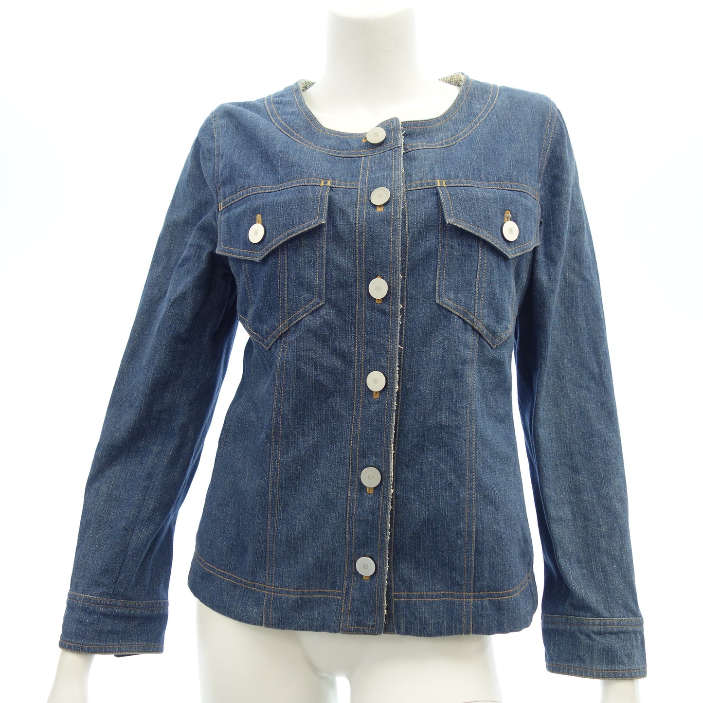 Used ◆CHANEL Collarless Denim Jacket Coco Button 99C Tweed Lining Ladies Size 40 Indigo CHANEL [AFB47] 