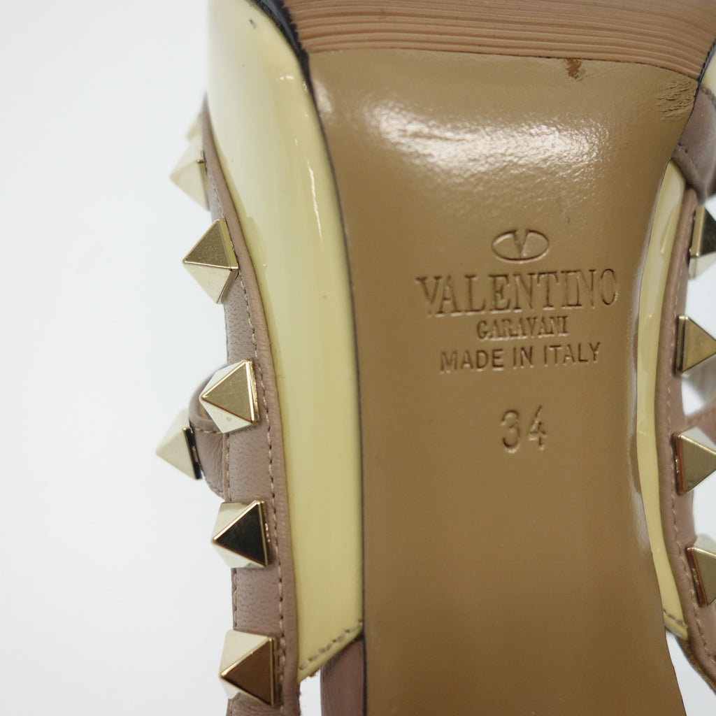 品相良好◆Valentino Garavani Rockstud 踝带高跟鞋 皮革 银色五金配件 女式 34 米色 VALENTINO GARAVANI [AFD6] 