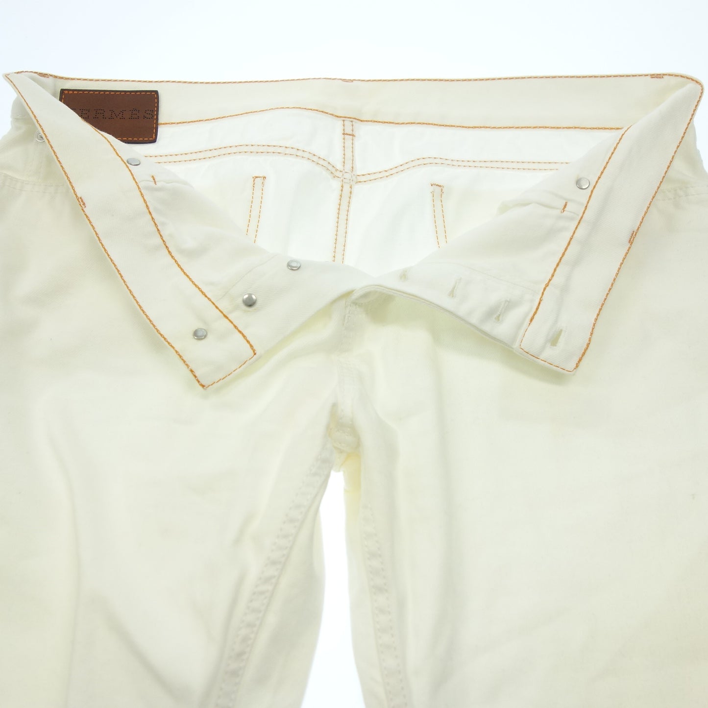 Used ◆Hermes Denim Pants Cotton Leather Patch Serie Button Size 52 Men's White HERMES [AFB35] 