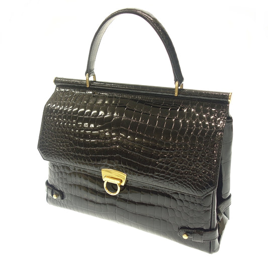 Very good condition◆No brand shiny crocodile handbag black gold hardware [AFE12] 