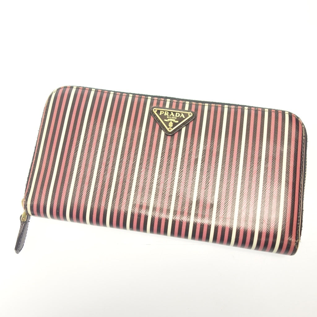 Used ◆Prada long wallet round zipper stripe saffiano multicolor PRADA [AFI16] 