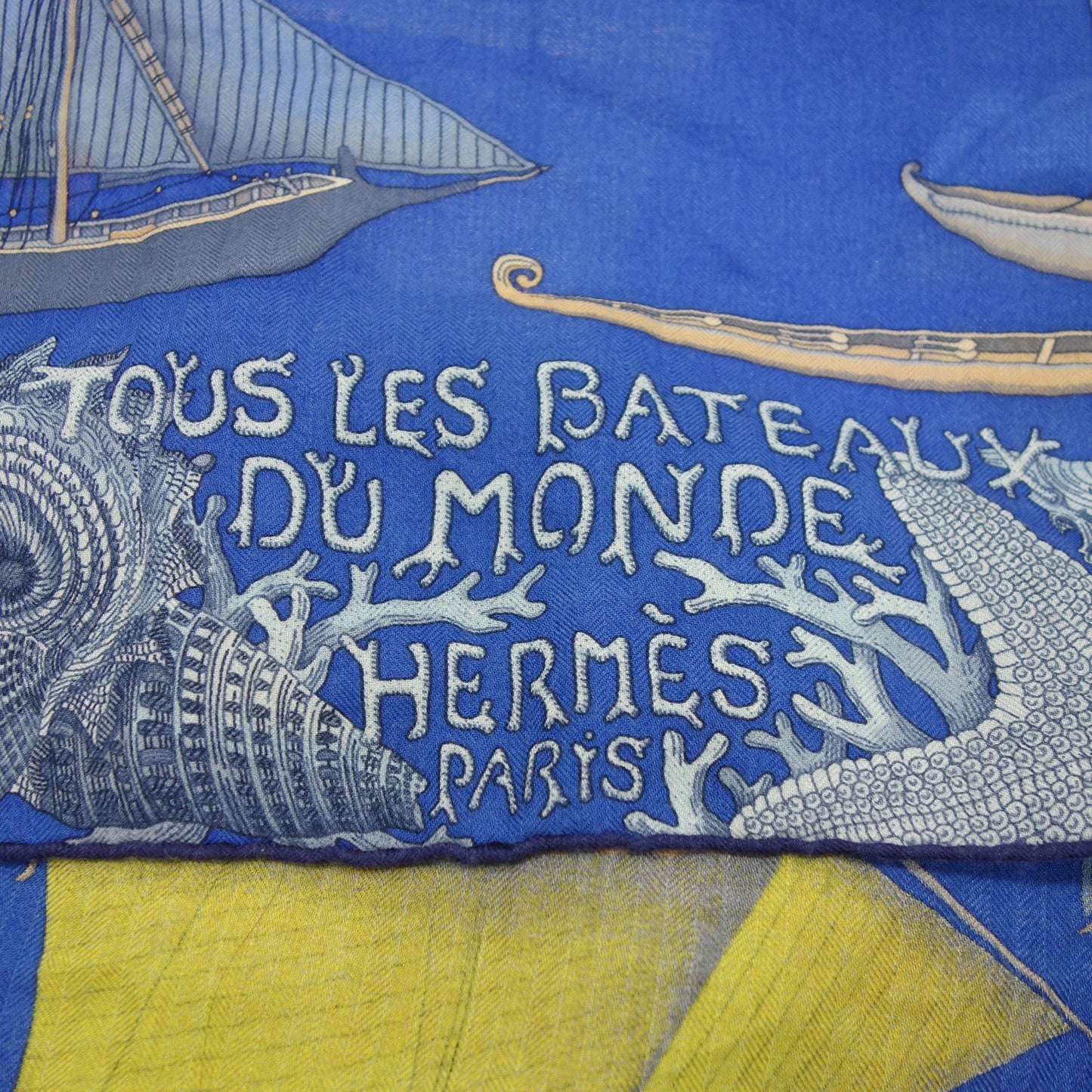 エルメス カレジェアン カシミヤ 世界の帆船 Tous Les Bateaux du Monde 青系 HERMES【AFI20】【中古】