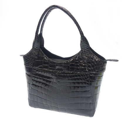 Used ◆JRA certified no brand shiny crocodile handbag tote bag black with JRA tag [AFE4] 