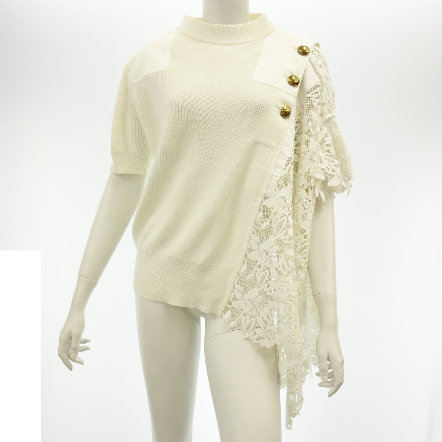 Good Condition◆Sacai Knit Sweater Asymmetric Gold Button Lace 19-04424 White Size 2 Women's Sacai [AFB22] 