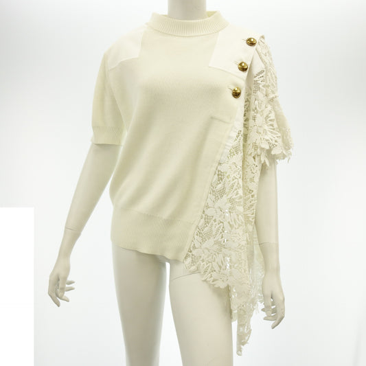 Good Condition◆Sacai Knit Sweater Asymmetric Gold Button Lace 19-04424 White Size 2 Women's Sacai [AFB22] 