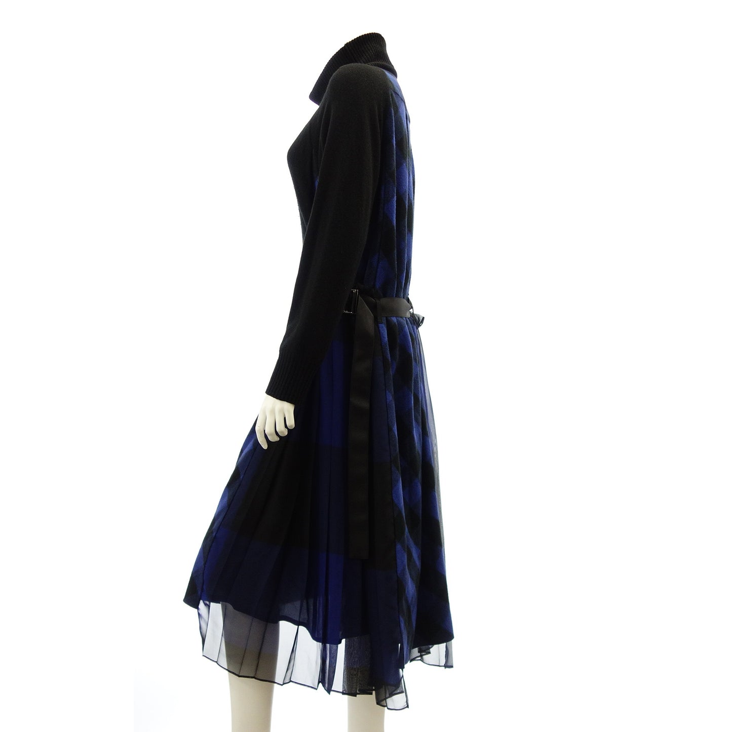 状况良好◆Sacai 针织连衣裙对接格子 18-03966 尺寸 2 黑色 x 蓝色女士 sacai [AFB36] 