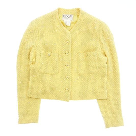 CHANEL Jacket P96 Tweed Here Mark Button Sequins Ladies 42 Yellow CHANEL [AFB13] [Used] 